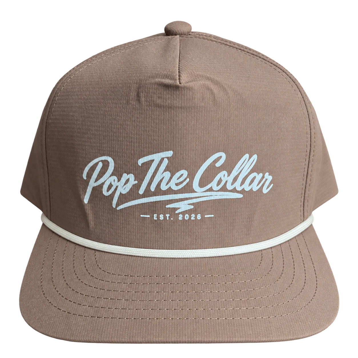 Taupe brown PopTheCollar rope cap with pale blue script, off-white braided rope and a curved stitched brim